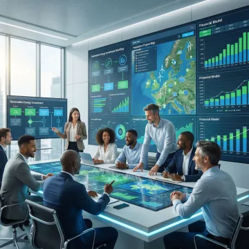 Step-by-step renewable energy investment process illustrated with professional team and digital tools