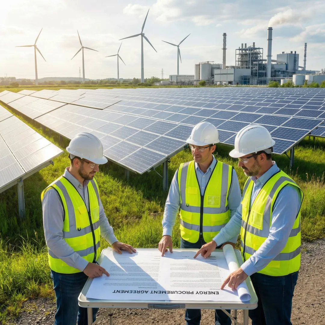 Group captive solar power plant with industrial facility in background representing renewable energy PPA