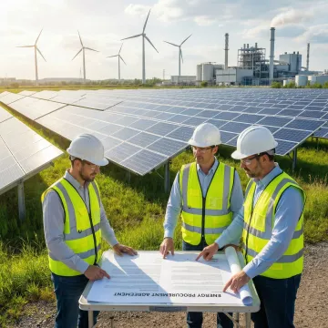 Group captive solar power plant with industrial facility in background representing renewable energy PPA