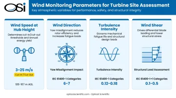 Four critical wind parameters monitored at wind farms for turbine performance