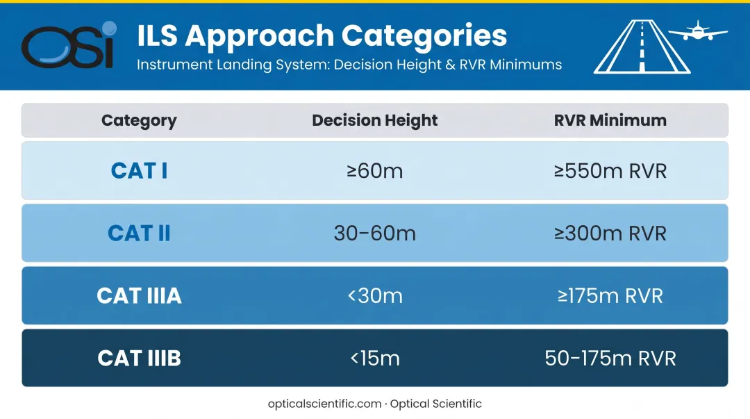 ICAO ILS approach category decision height and RVR minimum thresholds table infographic