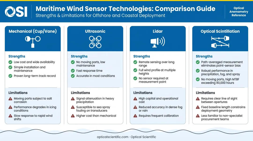 Four maritime wind sensor types comparison chart strengths and limitations side by side