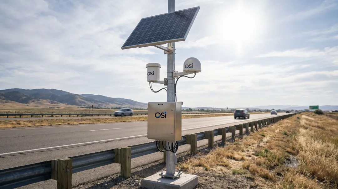 OSI OWI weather sensor mounted on solar-powered highway RWIS station pole