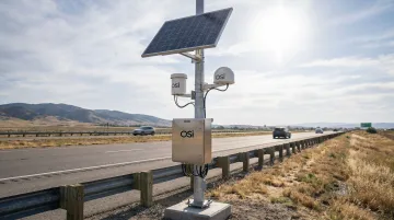 OSI OWI weather sensor mounted on solar-powered highway RWIS station pole