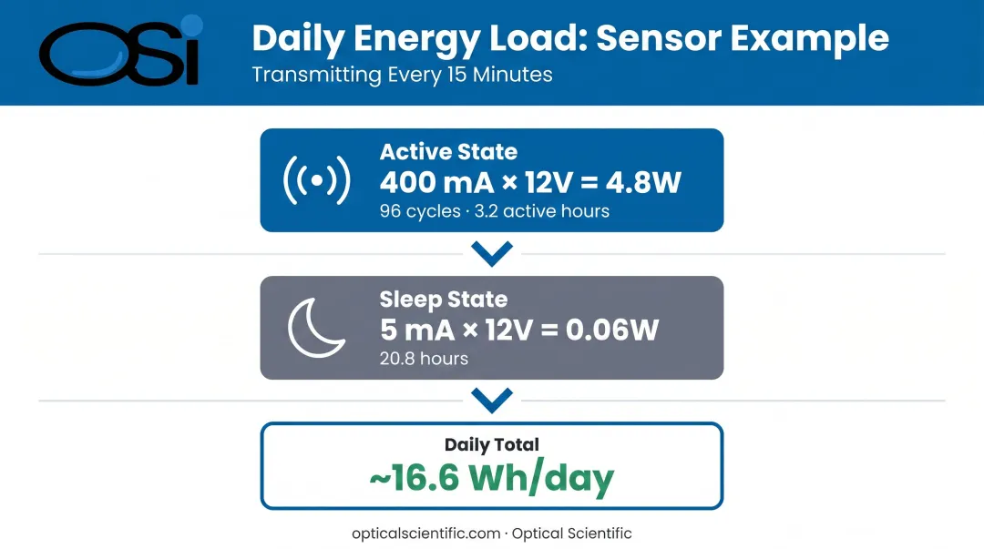 Remote IoT sensor daily energy load calculation example step-by-step breakdown