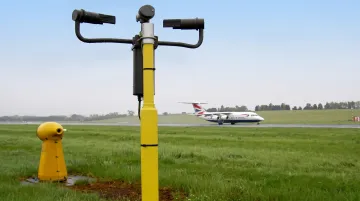 Aviation weather sensor AWOS forward-scatter visibility measurement equipment installed at aerodrome