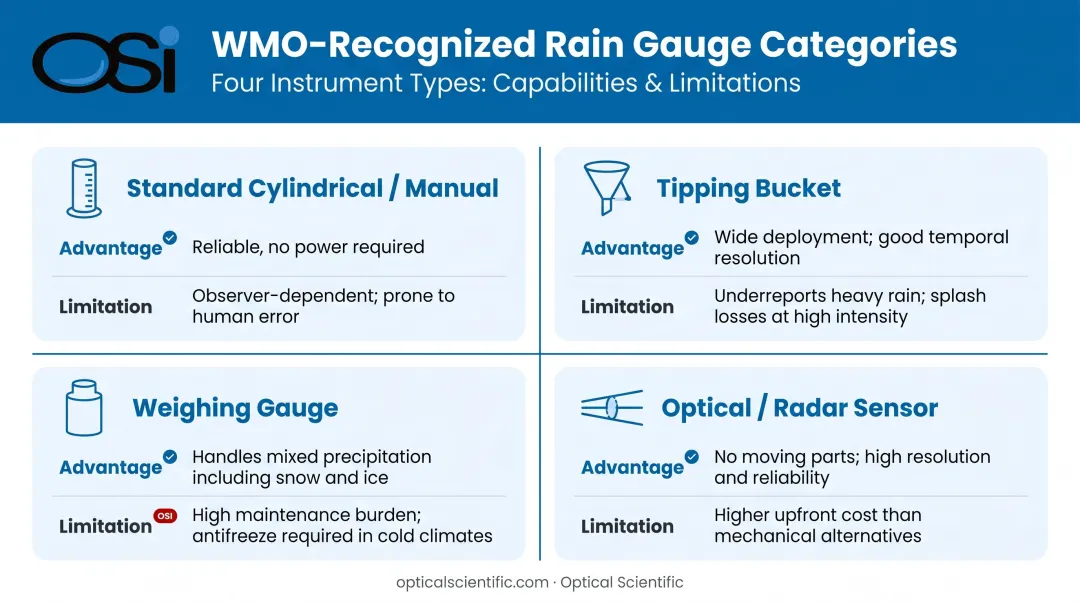 Four WMO-approved rain gauge types comparison with trade-offs and use cases