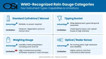 Four WMO-approved rain gauge types comparison with trade-offs and use cases