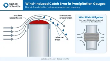 Wind-induced aerodynamic catch error diagram showing airflow deflecting raindrops from gauge orifice