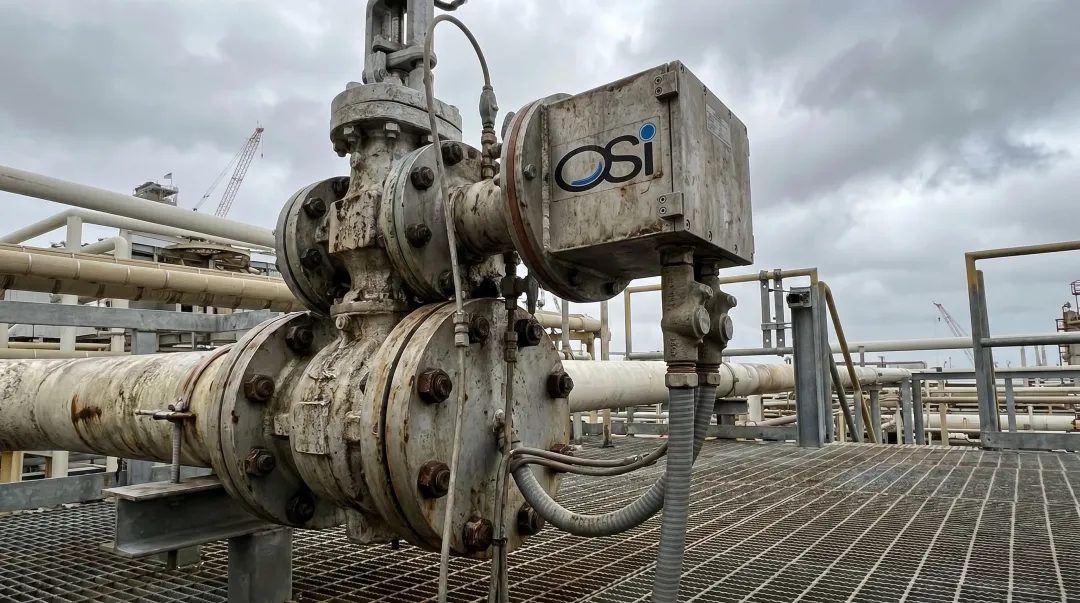 OSI optical scintillation sensor installed at industrial stack monitoring gas flow measurement