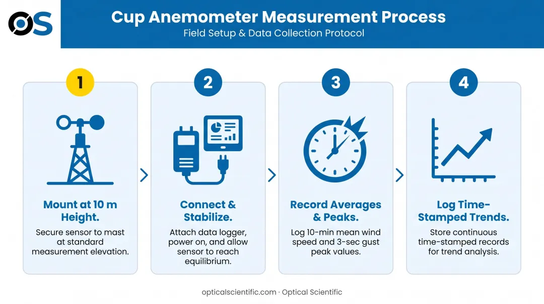 Four-step cup anemometer wind speed measurement process flow diagram