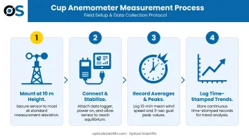 Four-step cup anemometer wind speed measurement process flow diagram