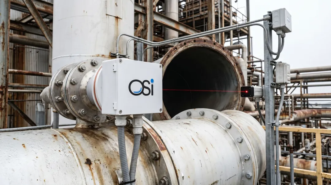 OSI OFS-2000 optical flow sensor installed on industrial stack monitoring system