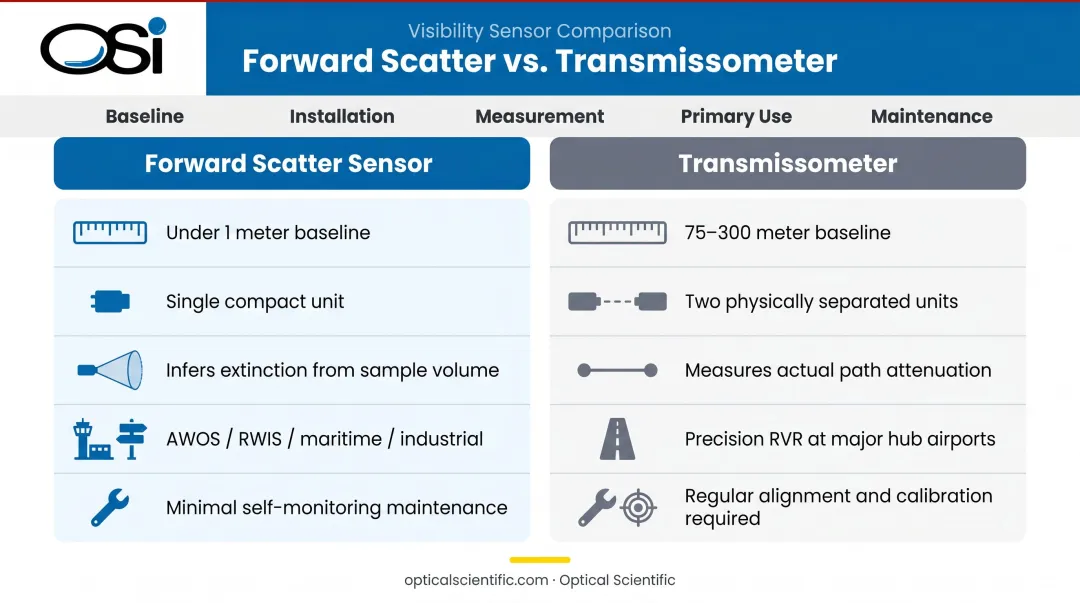 Forward scatter sensor versus transmissometer side-by-side comparison infographic with key differences