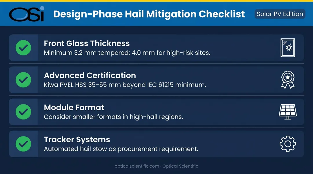 Solar PV hail mitigation design phase checklist front glass thickness tracker stow certification
