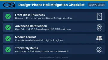 Solar PV hail mitigation design phase checklist front glass thickness tracker stow certification
