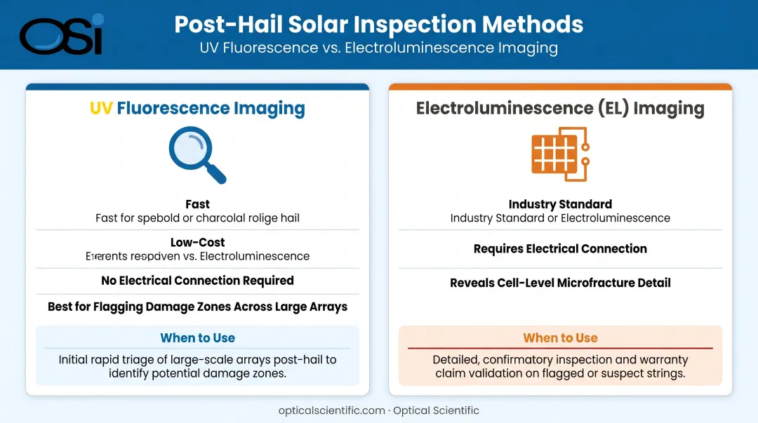 UV fluorescence versus electroluminescence post-hail solar panel inspection method comparison