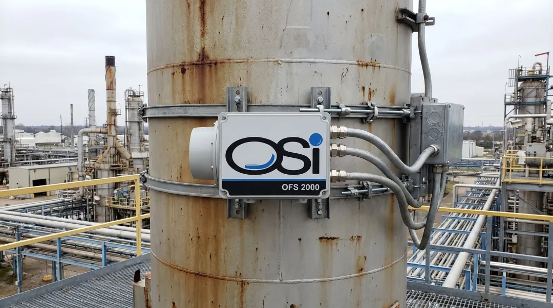 OSI OFS series stack gas flow sensor installed on industrial emissions monitoring stack