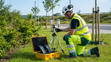 Environmental monitoring technician performing field sensor calibration at outdoor station
