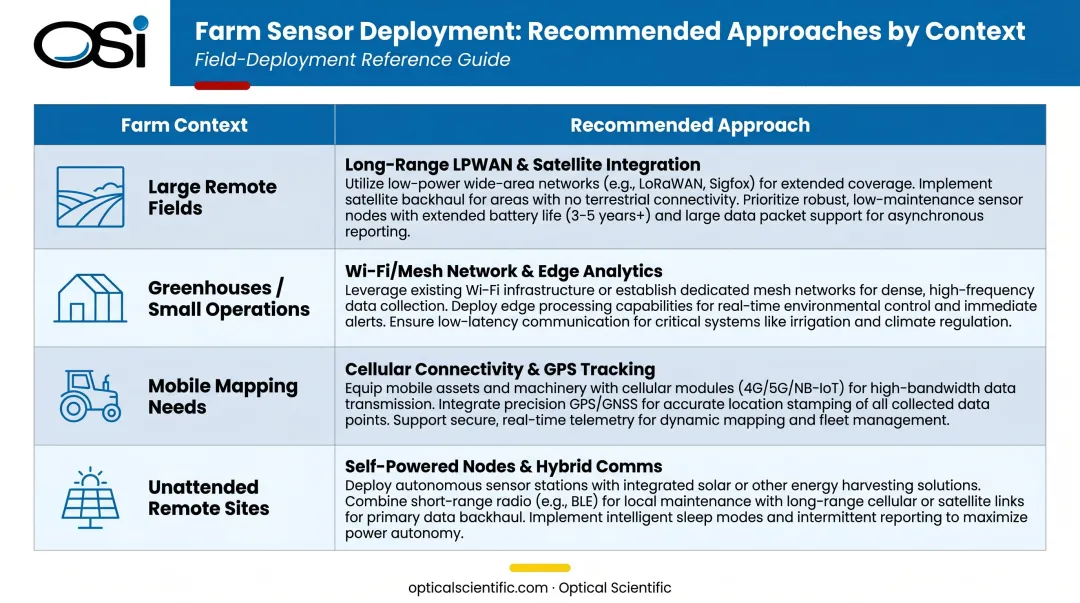 Agricultural sensor selection guide matching farm context to recommended sensor approach