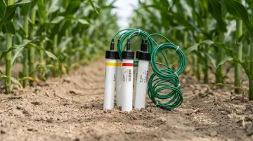 Soil moisture sensor probe installed at root depth in agricultural field