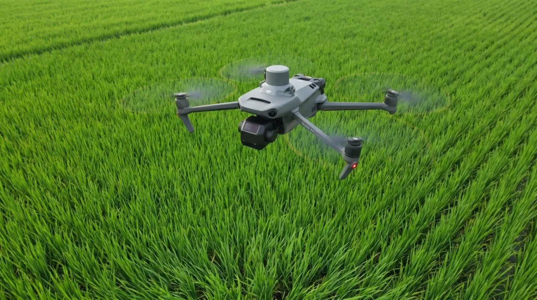 Agricultural drone with multispectral optical sensor scanning crop field canopy