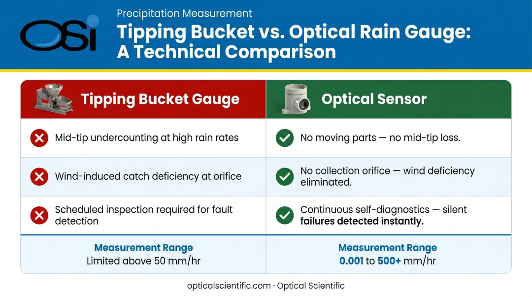 Optical precipitation sensor versus tipping bucket gauge error source comparison chart
