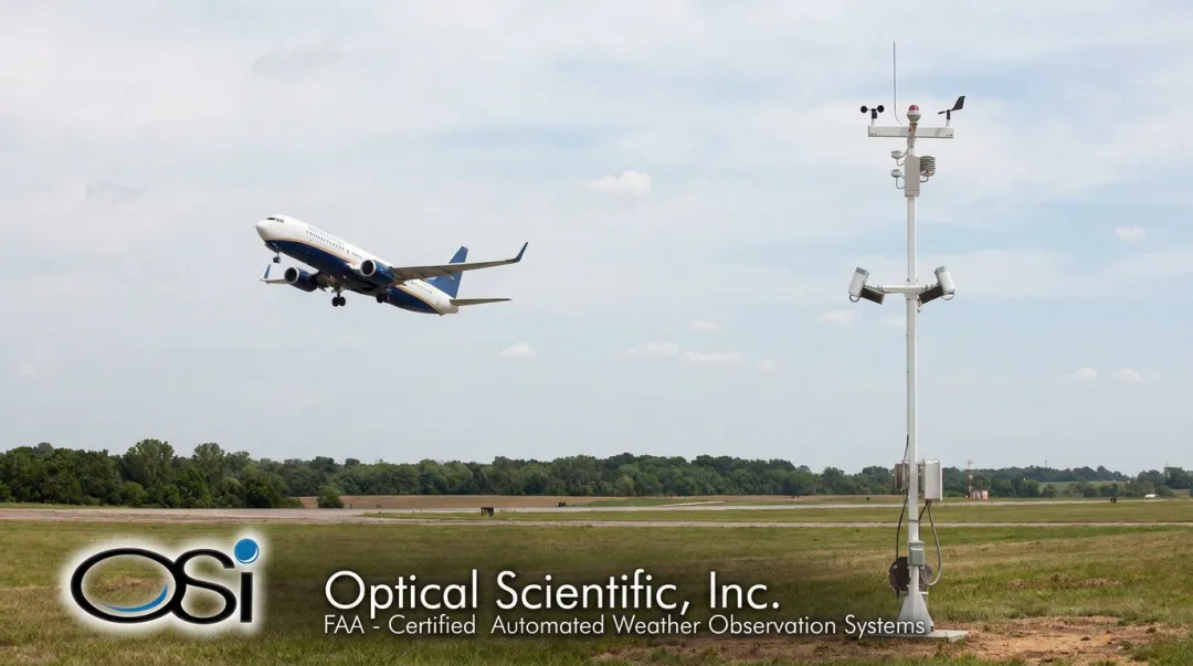 FAA-certified AWOS weather monitoring station with integrated multi-sensor array at airport