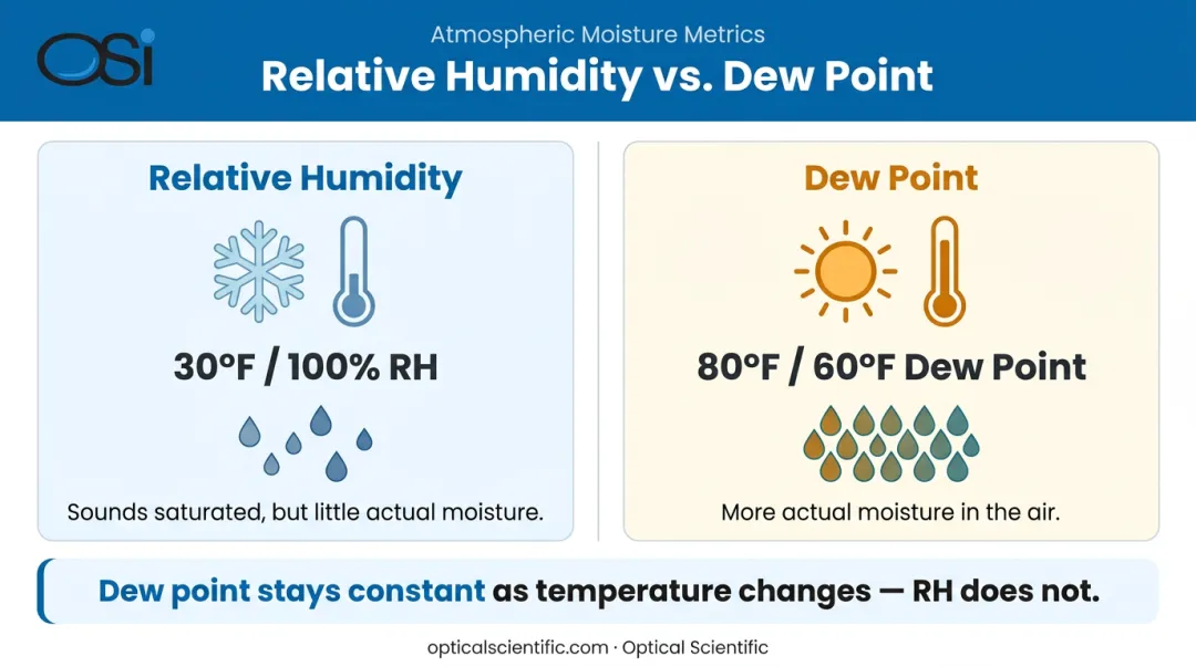 Dew point versus relative humidity side-by-side comparison infographic with scenarios
