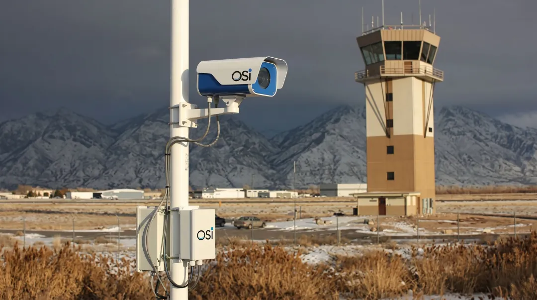 OSI OWI-series forward scatter visibility sensor installed at airport runway weather station