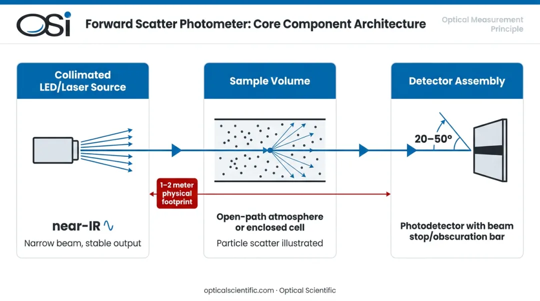 Forward scatter photometer three-component optical architecture diagram transmitter sample detector