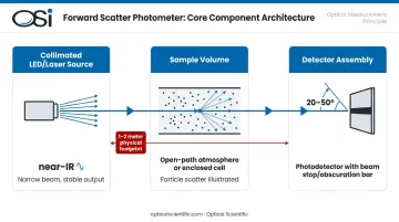 Forward scatter photometer three-component optical architecture diagram transmitter sample detector