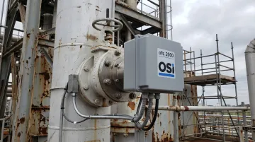 OSI OFS series optical scintillation flow sensor installed on industrial stack application