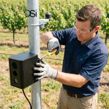 Technician commissioning vineyard weather monitoring station