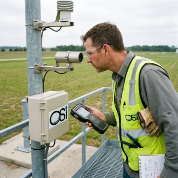 Engineer commissioning automated weather station sensors