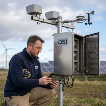 Engineer configuring renewable energy weather monitoring equipment