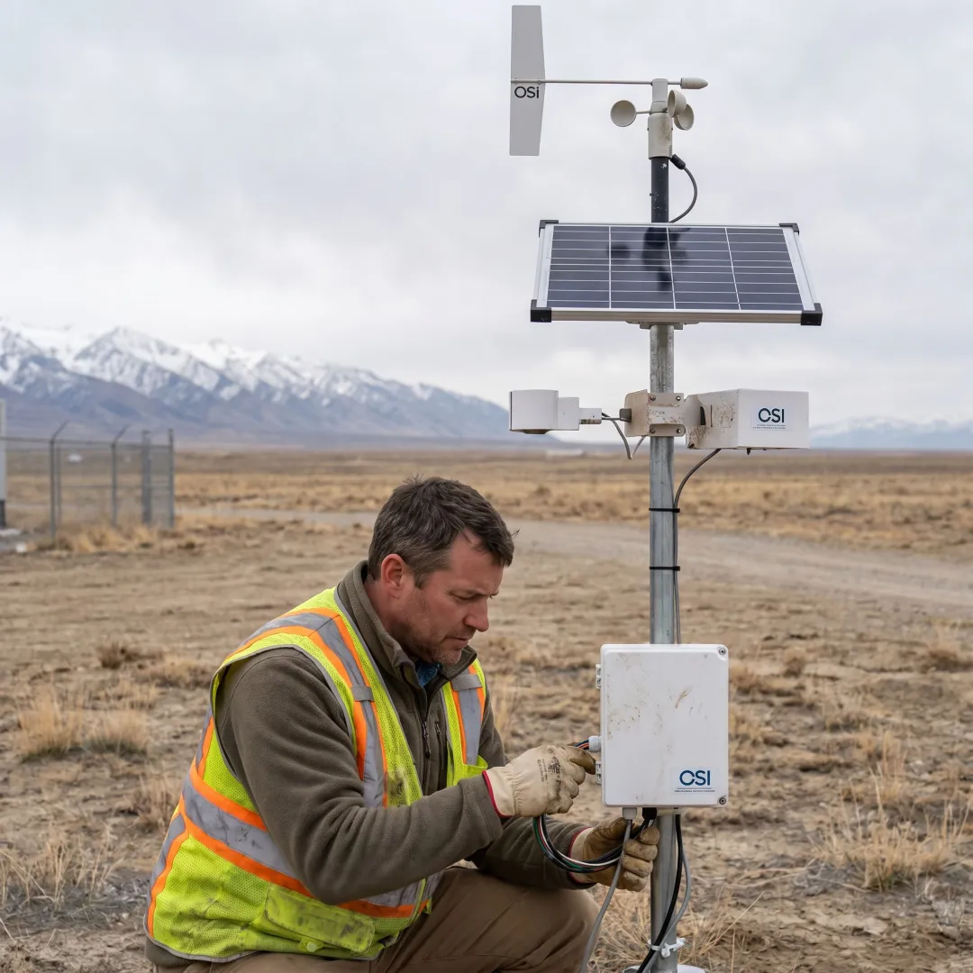 Engineer commissioning remote environmental monitoring equipment