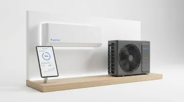 Optimist 1.5 ton inverter split AC unit showing microchannel heat exchanger and app interface