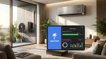 Optimist AC indoor and outdoor unit with app interface showing gas level indicator