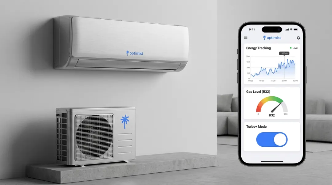 Optimist air conditioner unit showing Turbo Plus mode and app features