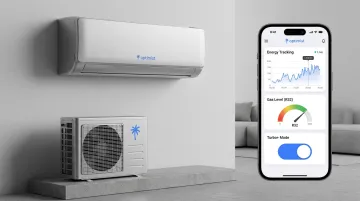 Optimist air conditioner unit showing Turbo Plus mode and app features