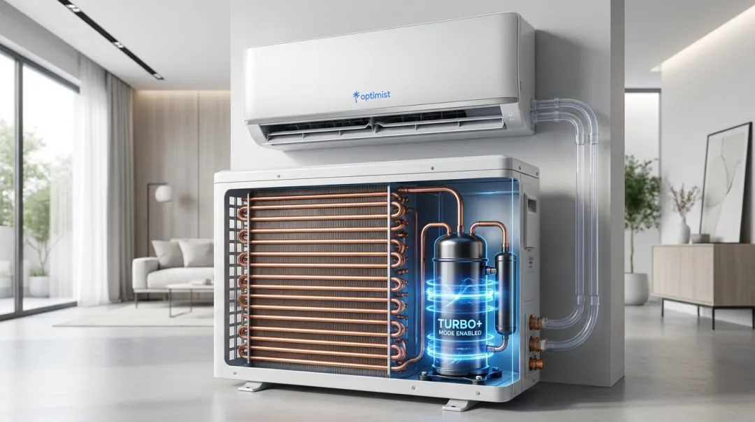 Optimist AC dual-rotary inverter compressor with Turbo+ Mode heat exchanger technology