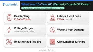 Common AC warranty exclusions infographic voltage damage labour gas and consumables
