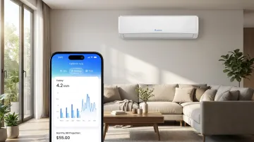Optimist AC unit installed in home showing app-based energy tracking dashboard interface