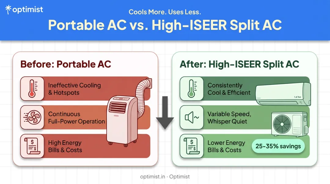 Before and after comparison switching from portable AC to split AC