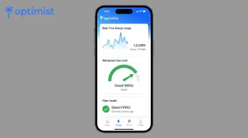 Optimist app dashboard displaying energy tracking gas level and filter health