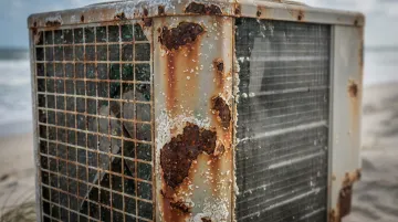 AC outdoor unit condenser coils showing corrosion damage from coastal humidity