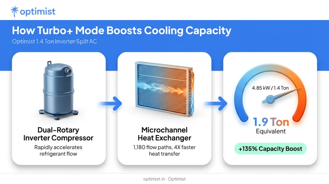 Turbo Plus mode mechanism boosting 1.4 ton AC to 1.9 ton cooling