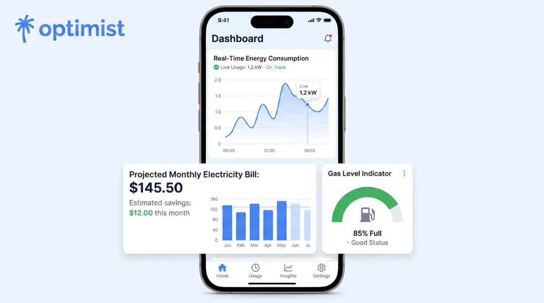 Optimist AC mobile app showing real-time energy usage and gas-level indicator