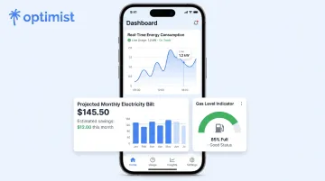 Optimist AC mobile app showing real-time energy usage and gas-level indicator